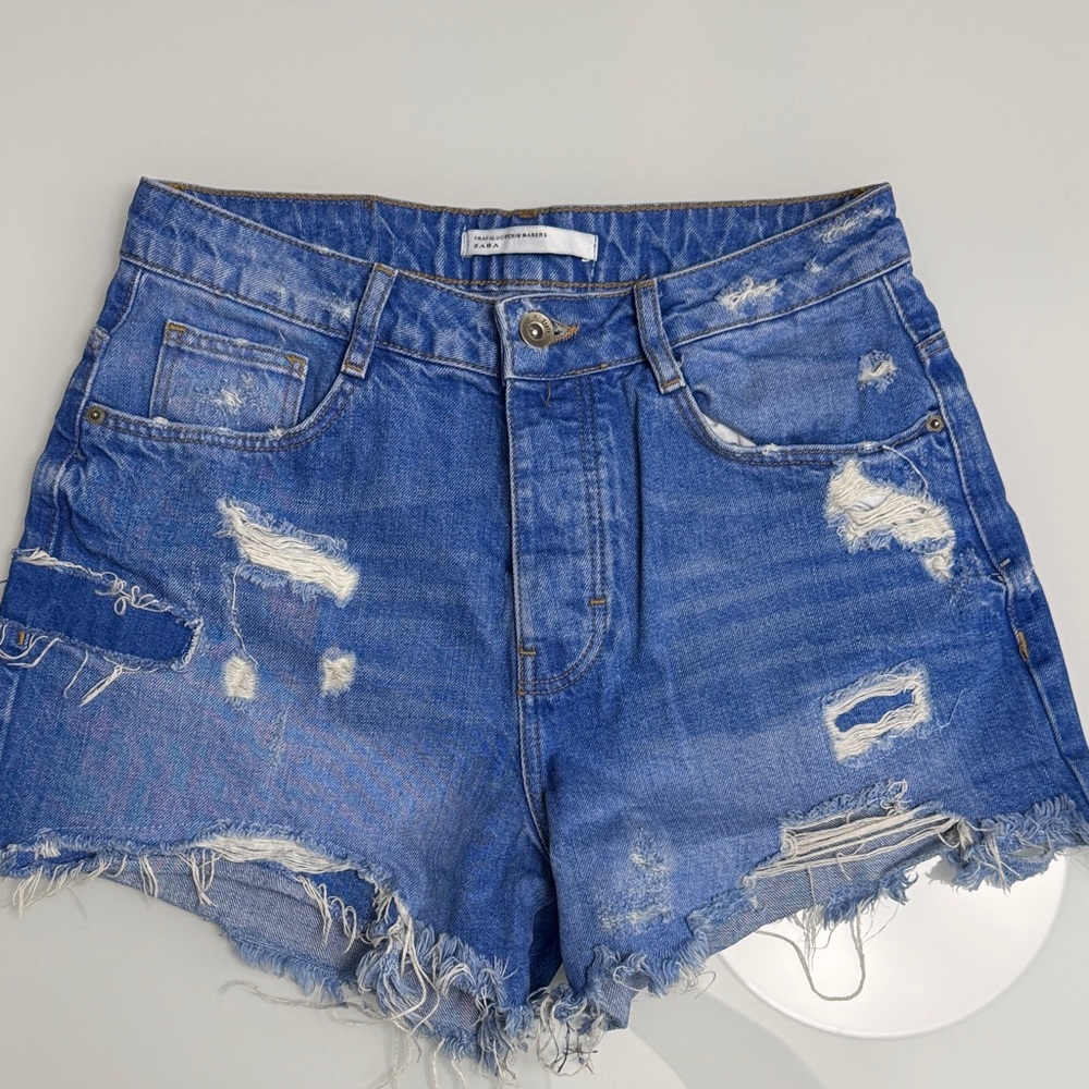 Zara Blue Ripped Jean Shorts